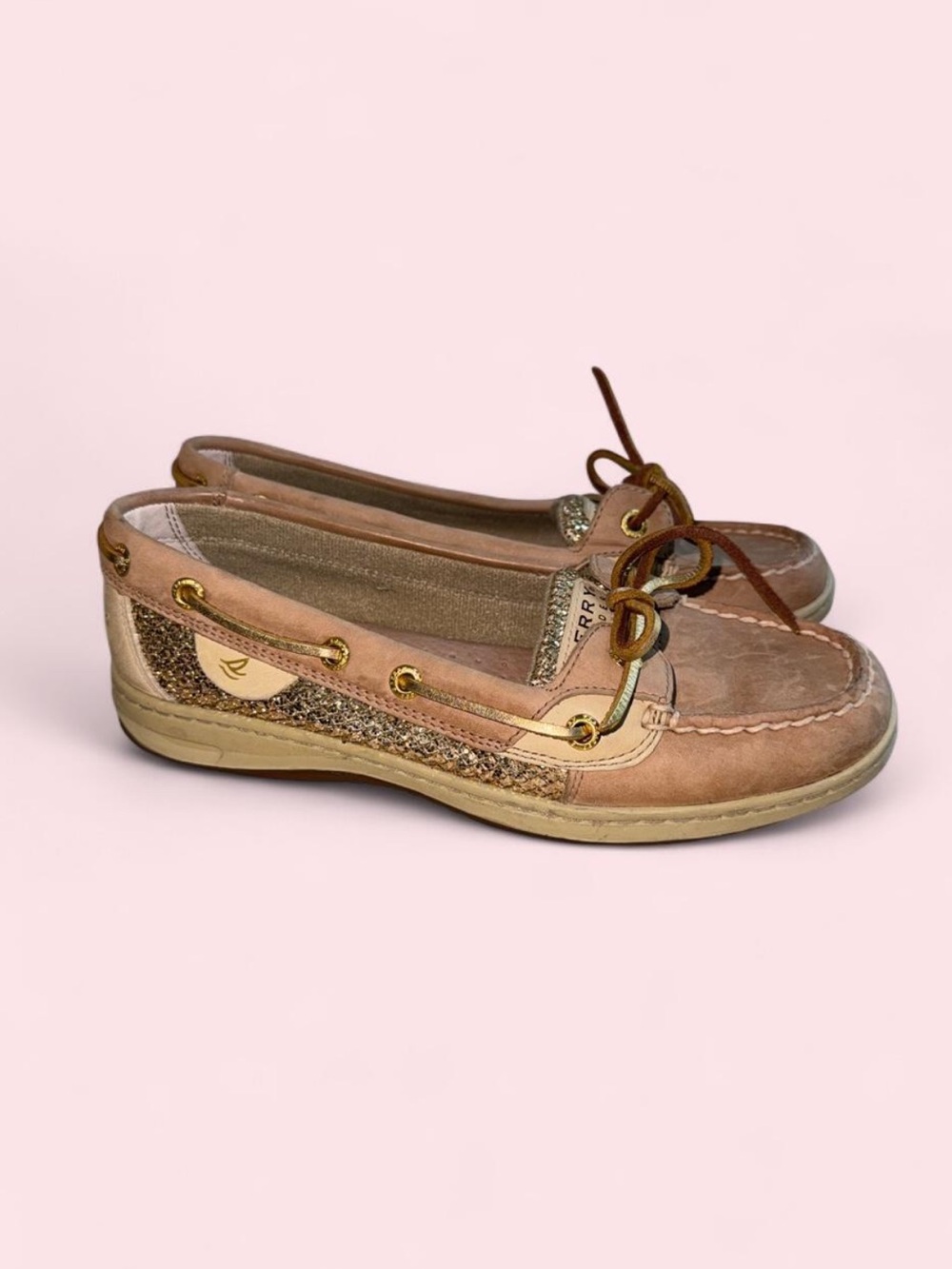 Sperry Tan Boat Shoes with Gold Metallic Sparkles Accent